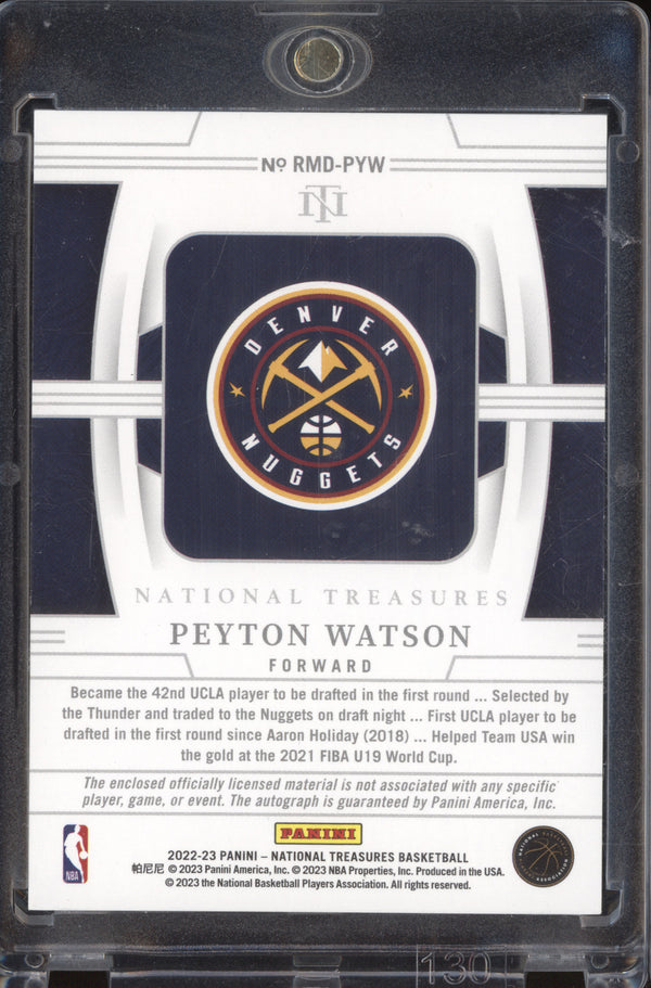 Peyton Watson 2022-23 Panini National Treasures RMD-PYW Rookie Materials Autographs Dual RC 47/99