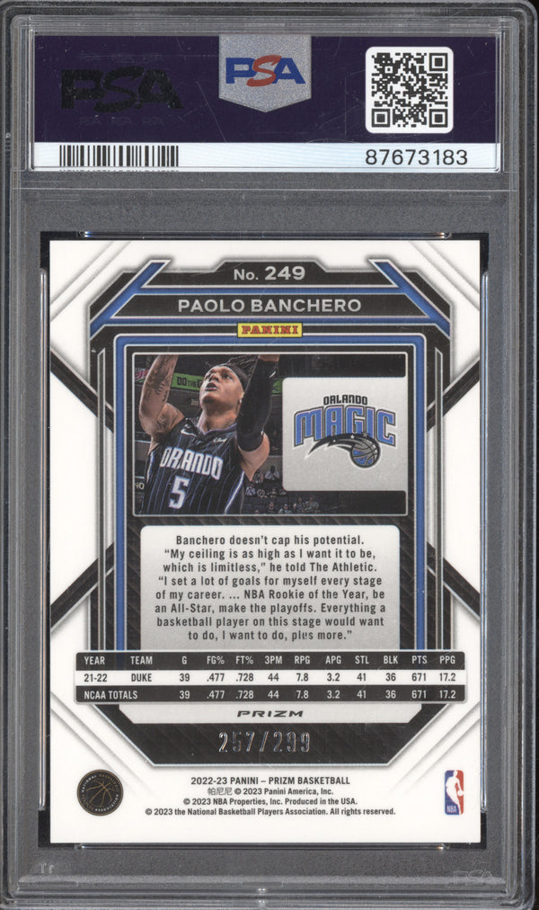 Paolo Banchero 2022-23 Panini Prizm 249 Red /299 RC PSA 9