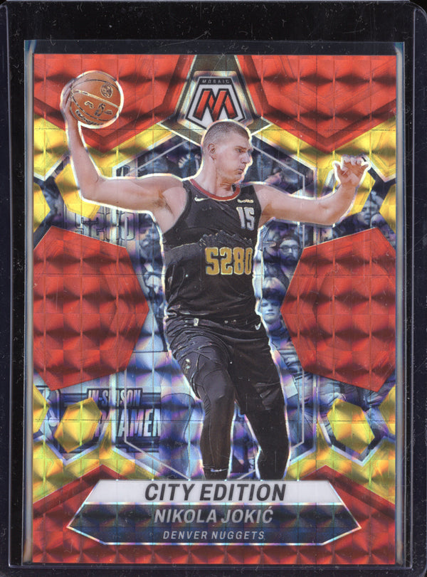 Nikola Jokic 2023-24 Panini Mosaic 287 Red and Yellow Fusion Choice 64/75