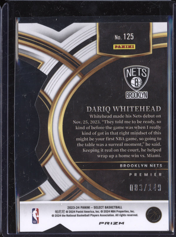 Dariq Whitehead 2023-24 Panini Select 125 Premier White Die-Cut RC 83/149