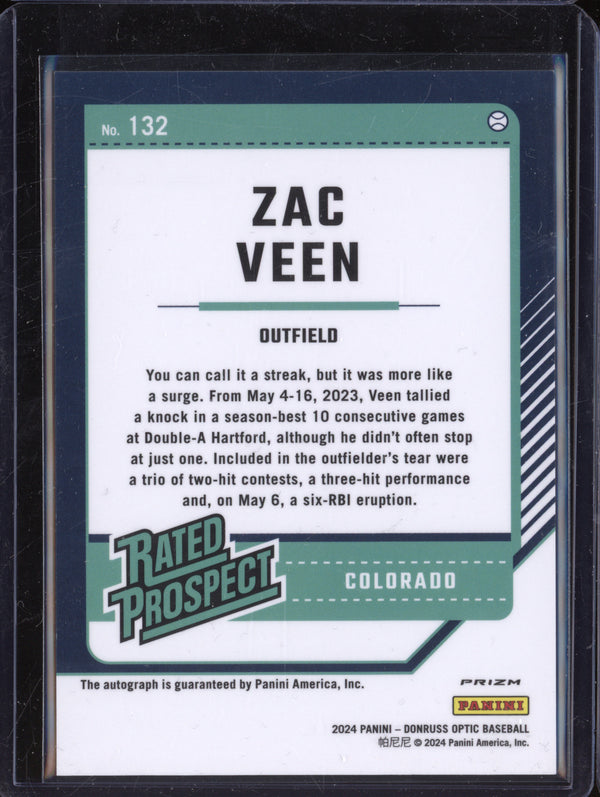 Zac Veen 2024 Panini Donruss 132 Rated Prospects Optic Signatures RC