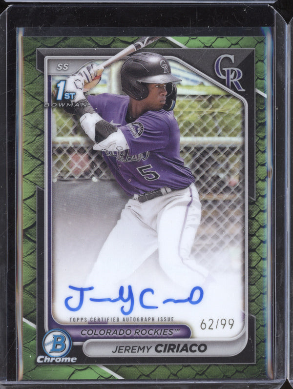 Jeremy Ciriaco 2024 Bowman Chrome 1st Auto Reptillian Green Refractor RC 62/99