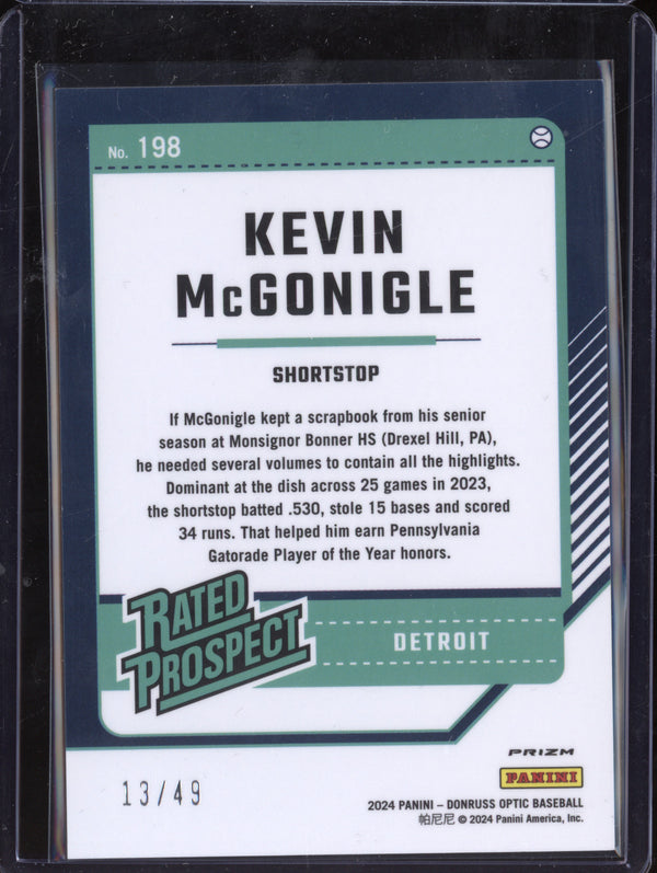 Kevin McGonigle 2024 Panini Donruss 198 Optic Purple RC 13/49