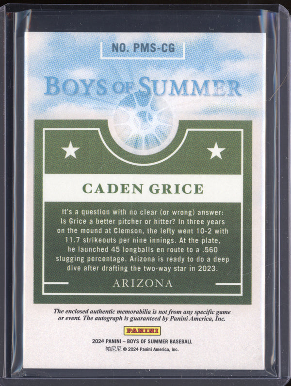 Caden Grice 2024 Panini Boys of Summer PMS-CG Prospect Materials Auto Red 49/49