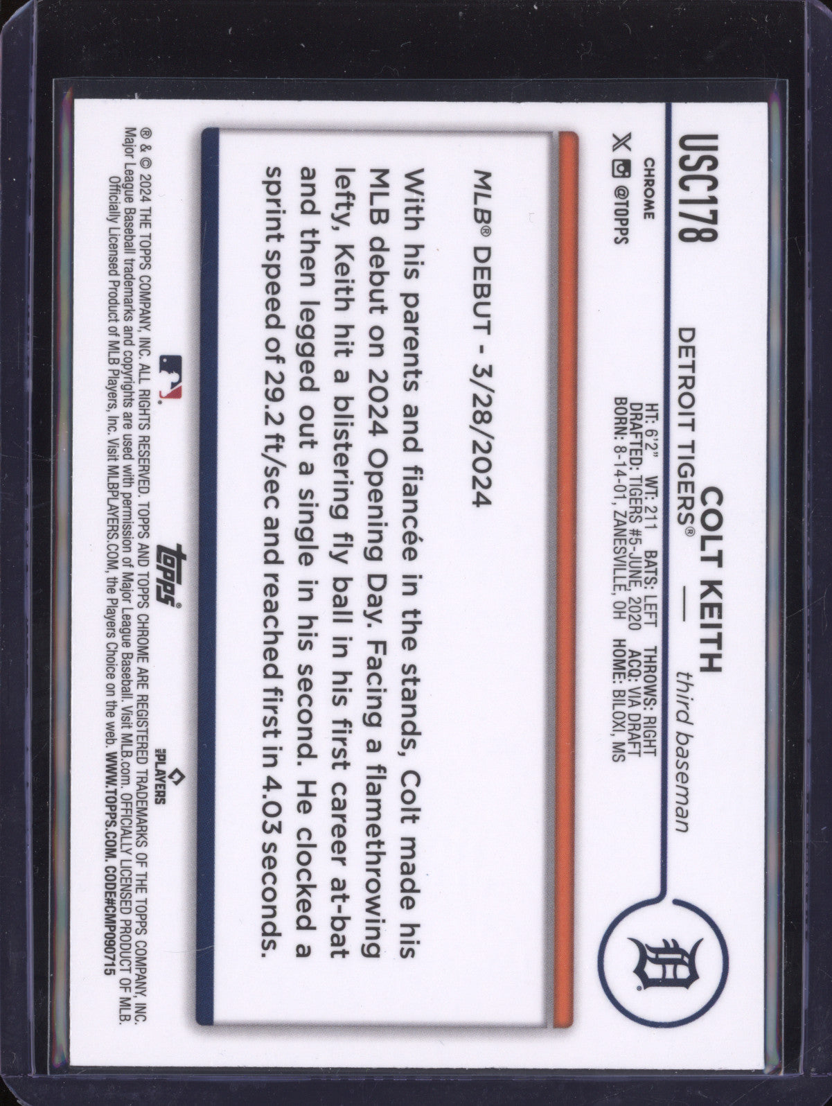 Colt Keith 2024 Topps Chrome Update USC178 Blue/Green Lava Lamp RC 31/125