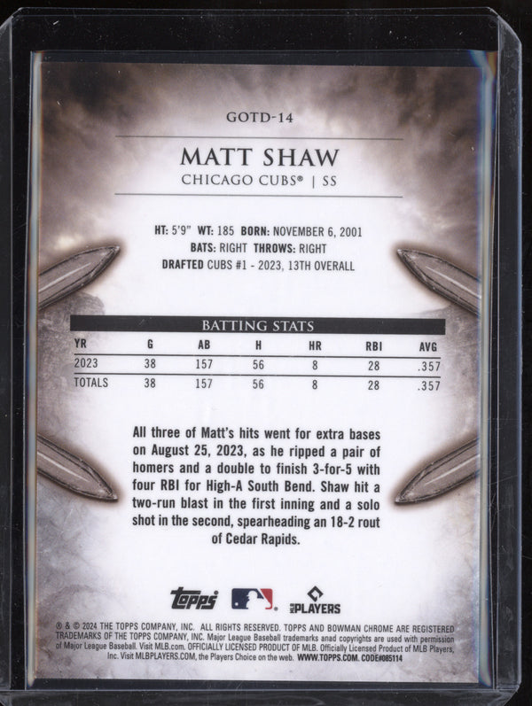 Matt Shaw 2024 Bowman Chrome GOTD-14 Gladiators of the Diamond Diamond 66/150