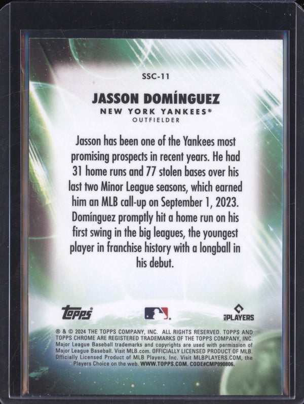 Jasson Dominguez 2024 Topps Chrome Update Stratospheric Stars Green RC /99