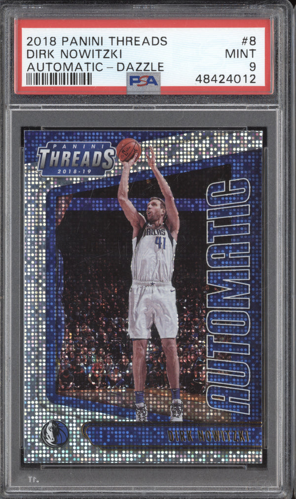 Dirk Nowitzki 2018-19 Panini Threads 8 Automatic Dazzle PSA 9