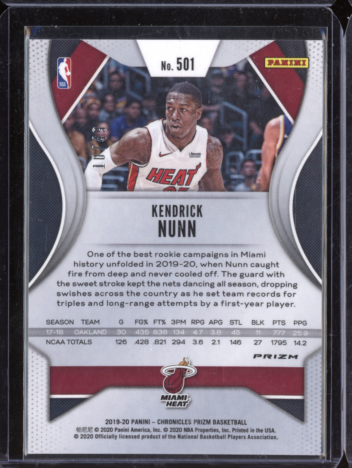 Kendrick Nunn 2019-20 Panini Chronicles 501 Purple RC 10/49