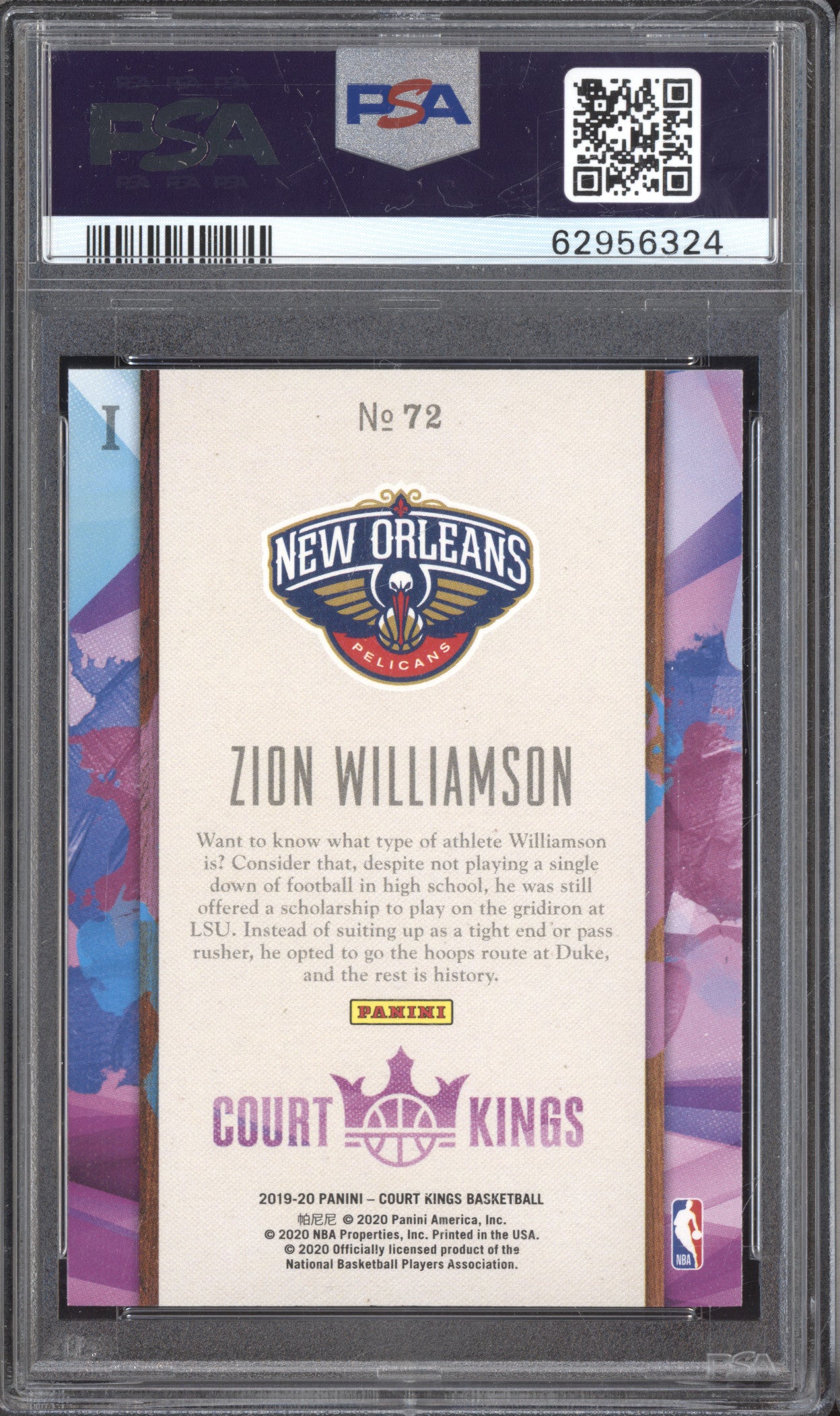 Zion Williamson 2019-20 Panini Court Kings 72 RC PSA 9