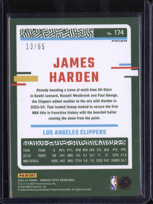 James Harden 2023-24 Panini Donruss Optic 174 Green International 13/65