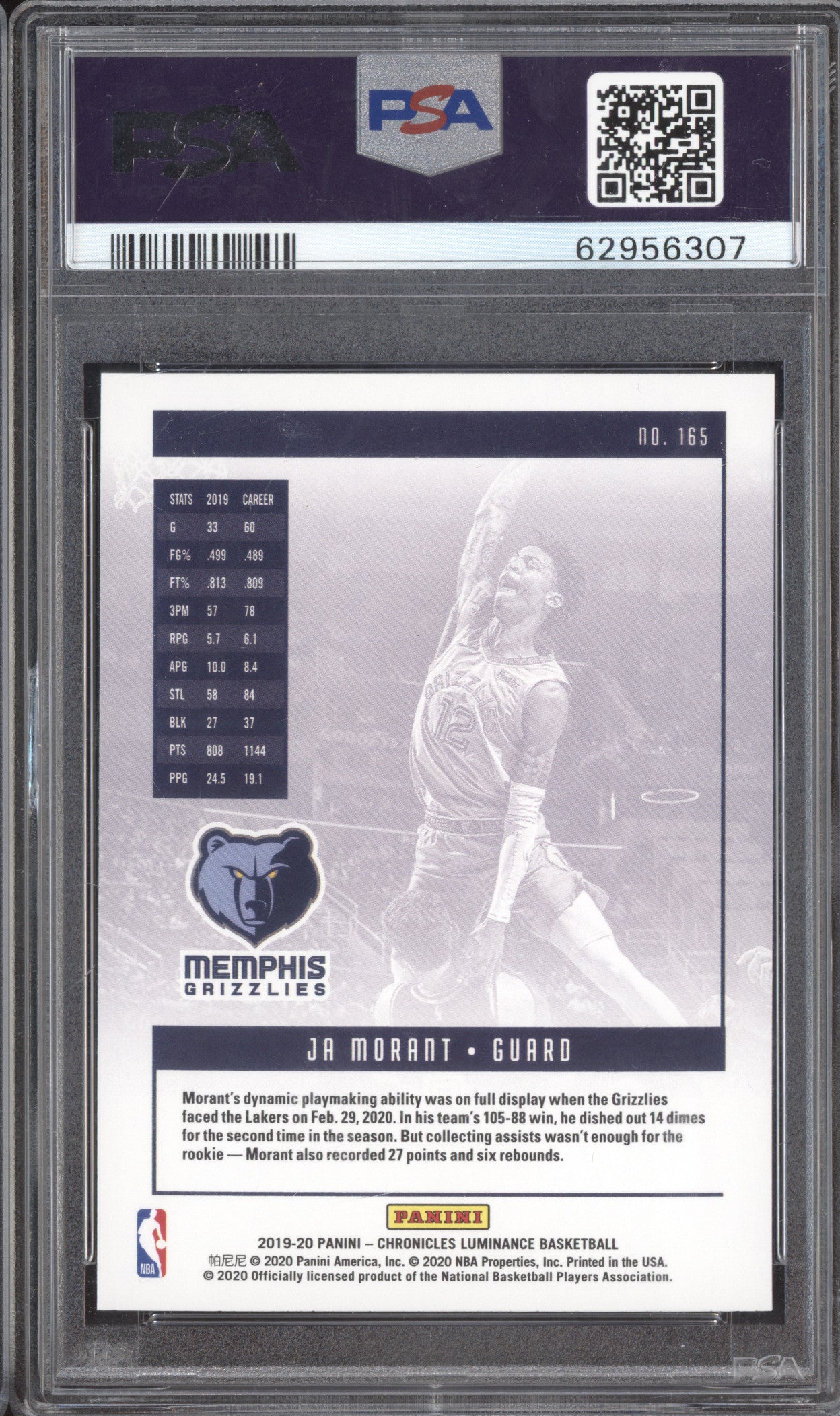 Ja Morant 2019-20 Panini Chronicles 165 Luminance RC PSA 9