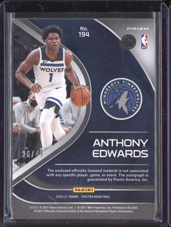 Anthony Edwards 2020-21 Panini Spectra Rookie Jersey Auto Interstellar RC /49