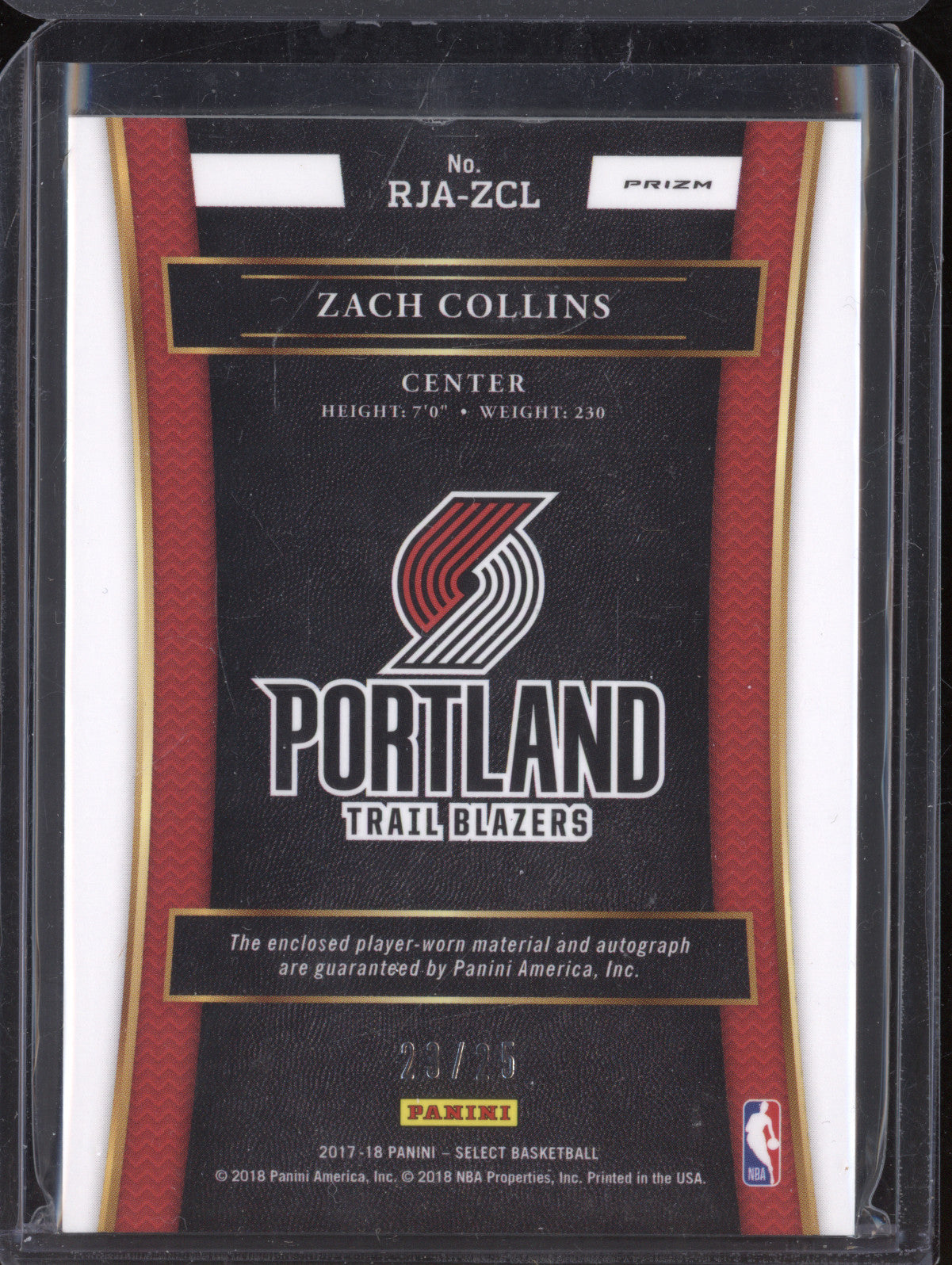 Zach Collins 2017-18 Panini Select RJA-ZCL Rookie Jersey Auto Tie Dye RC 23/25