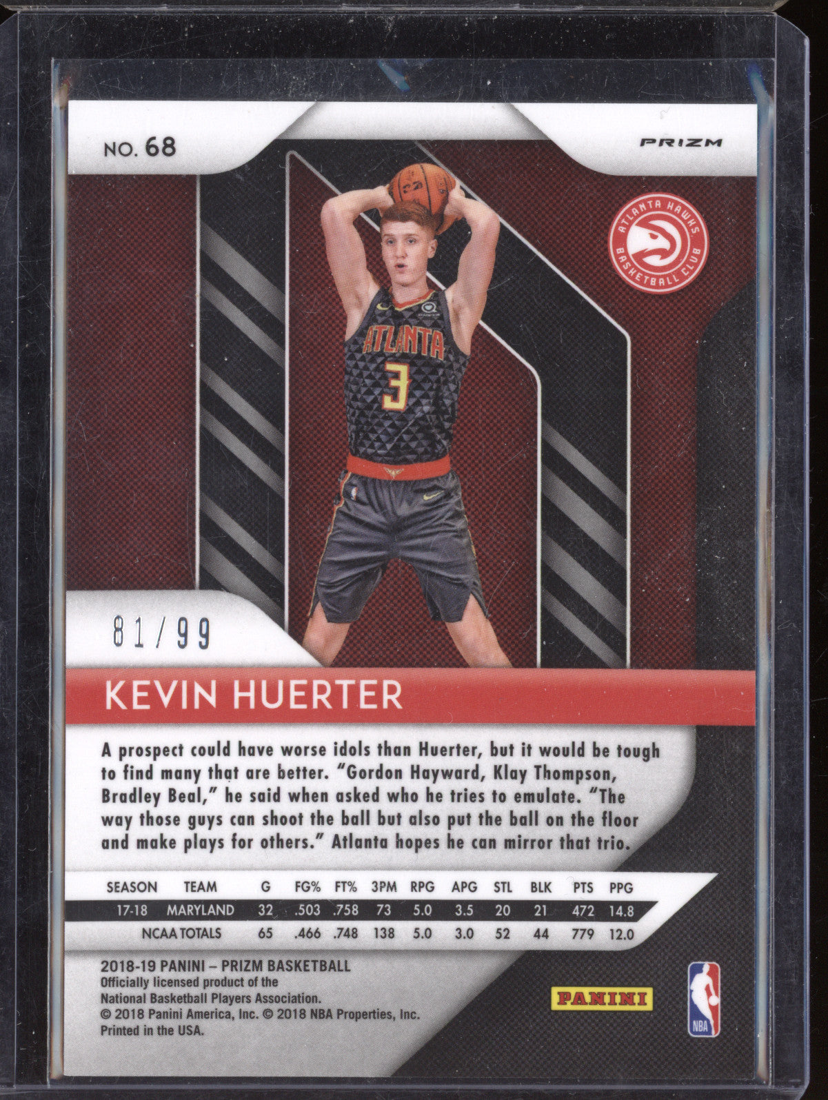 Kevin Huerter 2018-19 Panini Prizm 68 Blue Ice RC 81/99
