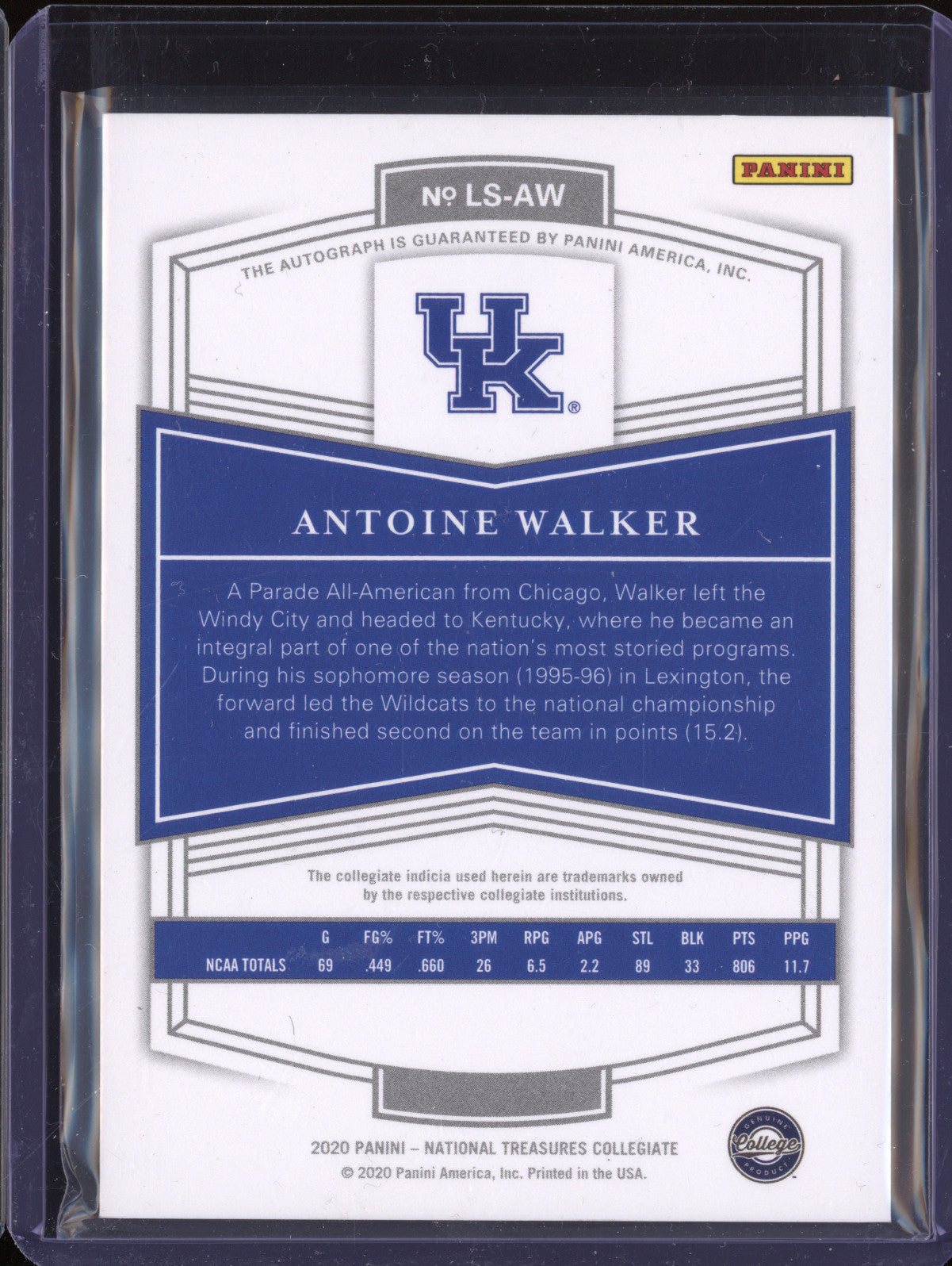 Antoine Walker 2020 Panini NT Collegiate LS-AW Legacy Signatures 18/20
