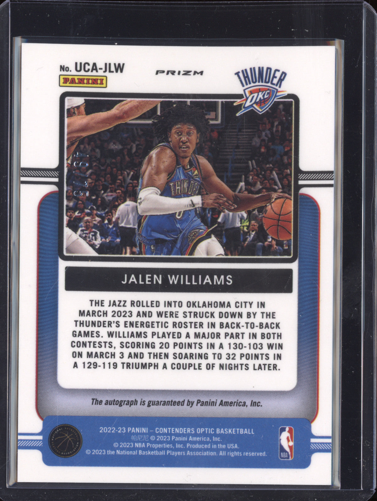 Jalen Williams 2022-23 Panini Contenders Optic Up and Coming Auto Blue RC /75