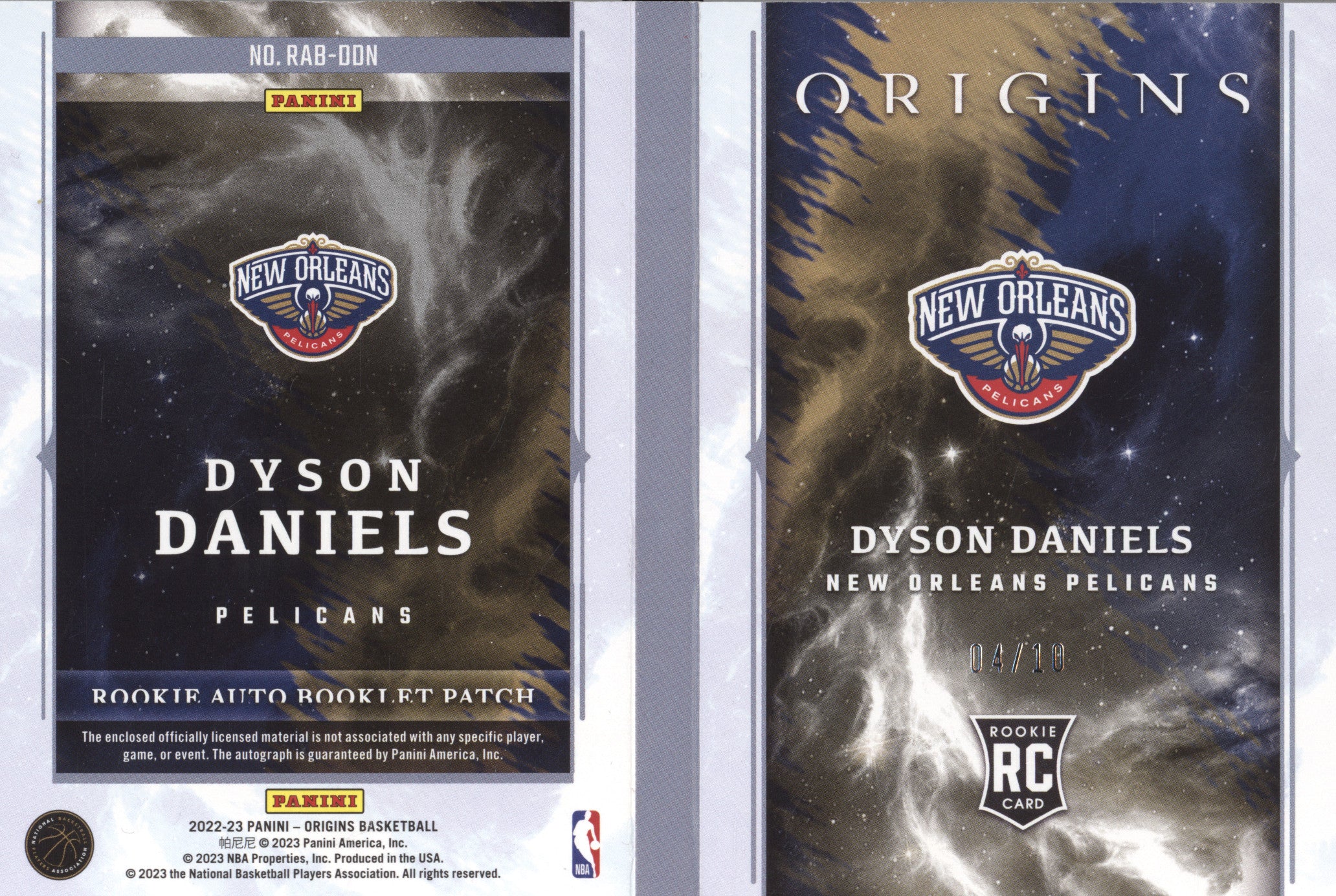 Dyson Daniels 2022-23 Panini Origins RAB-DDN Rookie Auto Booklet Patch RC 4/10