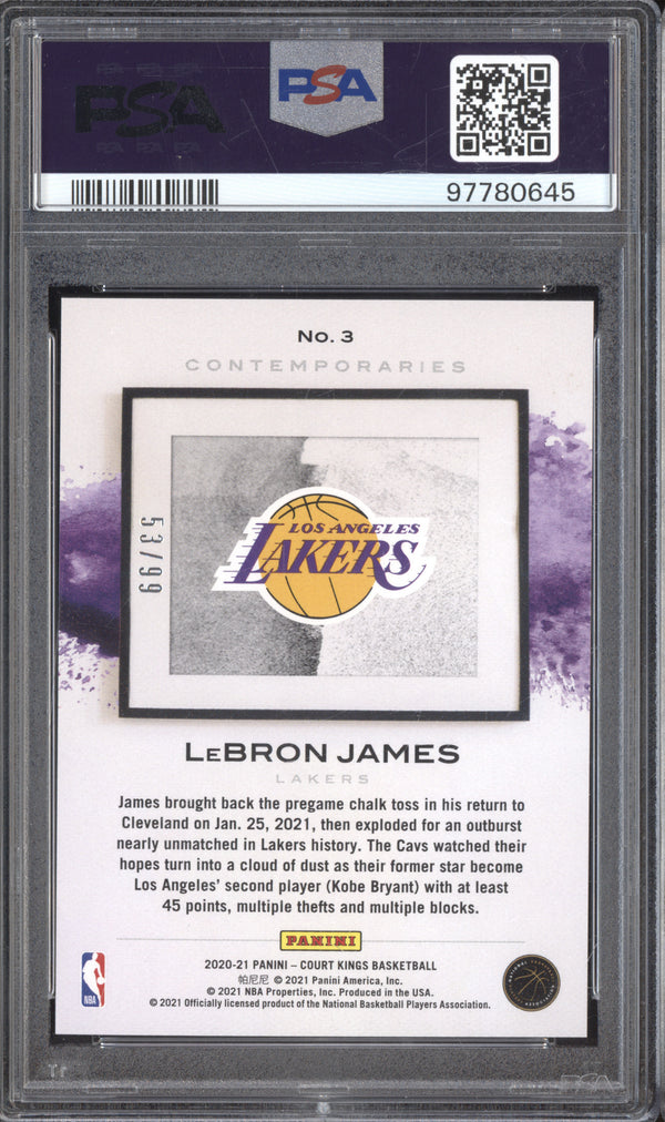 LeBron James 2020-21 Panini Court Kings 3 Contemporaries Amethyst 53/99 PSA 10