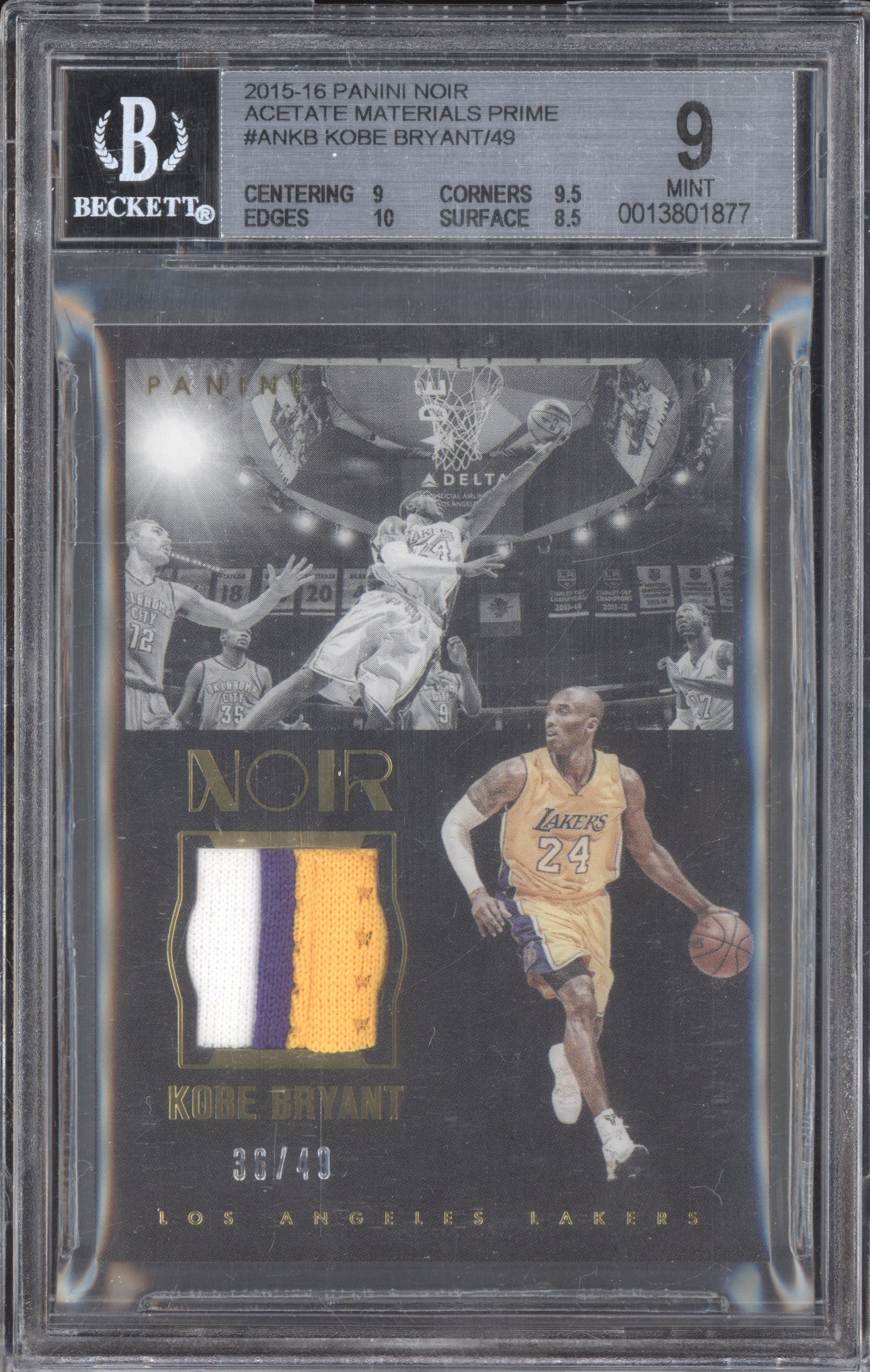 Kobe Bryant 2015-16 Panini Noir AN-KB Acetate Materials Prime 36/49 BGS 9
