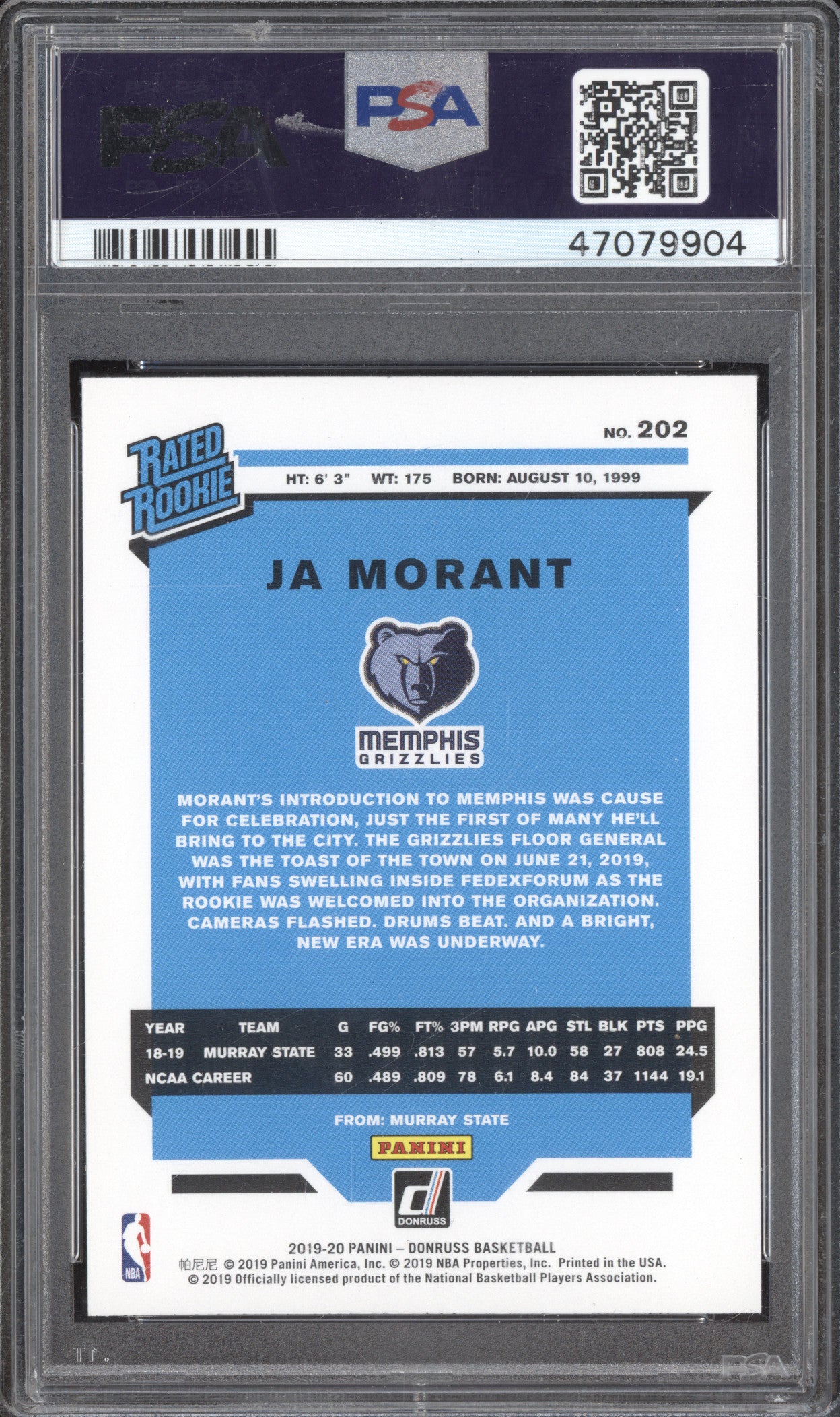 Ja Morant 2019-20 Panini Donruss 202 RC PSA 10