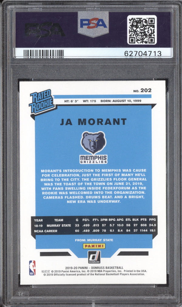 Ja Morant 2019-20 Panini Donruss 202 RC PSA 10