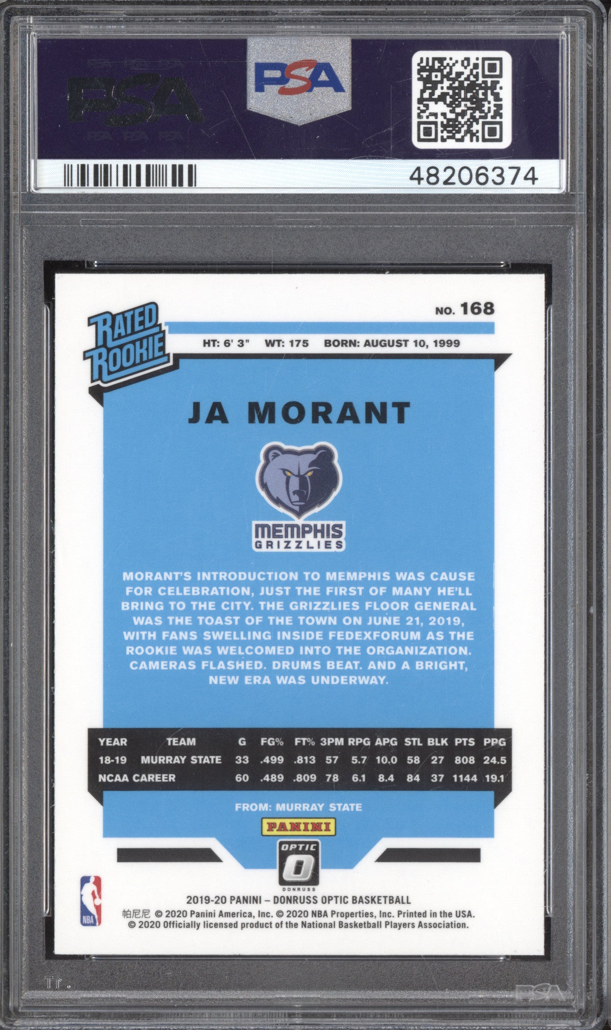 Ja Morant 2019-20 Panini Donruss Optic 168 RC PSA 10