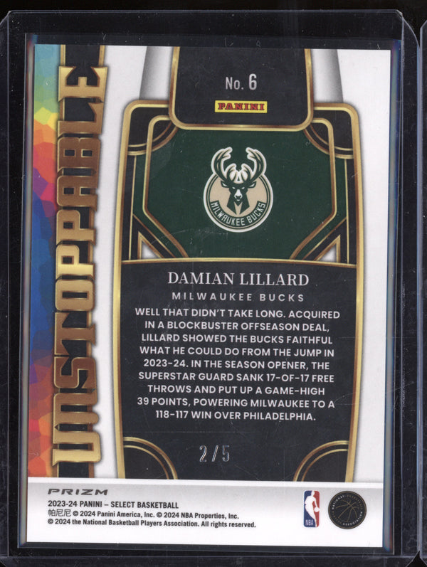 Damian Lillard 2023-24 Panini Select 6 Unstoppable Green 2/5