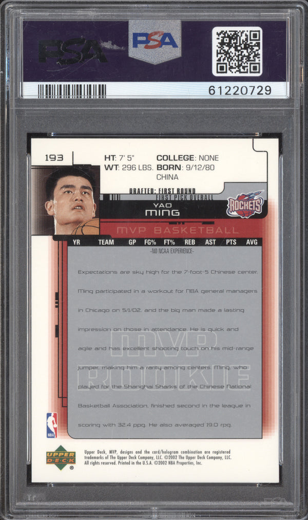 Yao Ming 2002-03 Upper Deck MVP 193 RC PSA 10