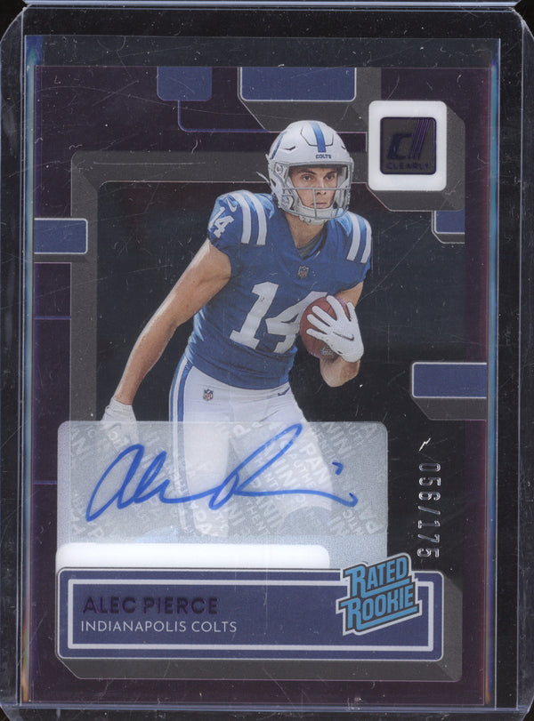 Alec Pierce 2022 Panini Clearly Donruss 71 Clearly Rated Rookie Autographs Purple RC 56/175