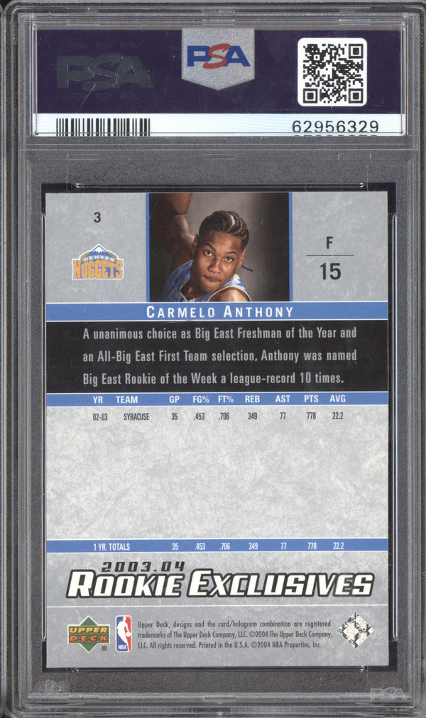 Carmelo Anthony 2003-04 Upper Deck  3 Rookie Exclusives RC PSA 10