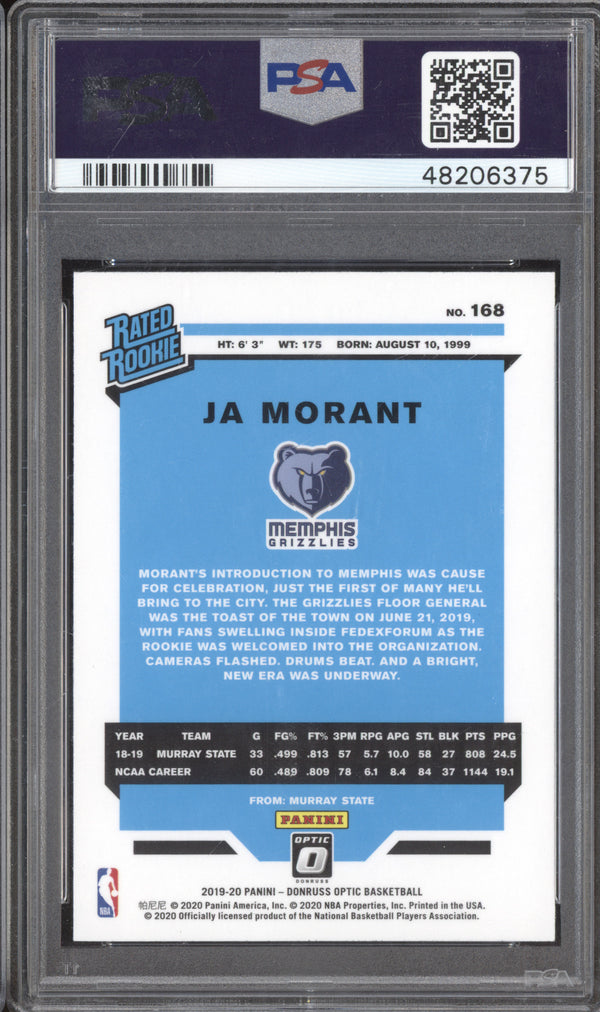 Ja Morant 2019-20 Panini Donruss Optic 168 RC PSA 10