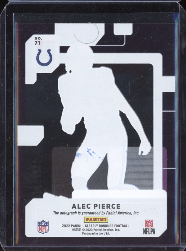 Alec Pierce 2022 Panini Clearly Donruss 71 Clearly Rated Rookie Autographs Purple RC 56/175