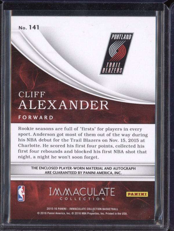 Cliff Alexander 2015-16 Panini Immaculate 141 Rookie Patch Autograph RC 14/99