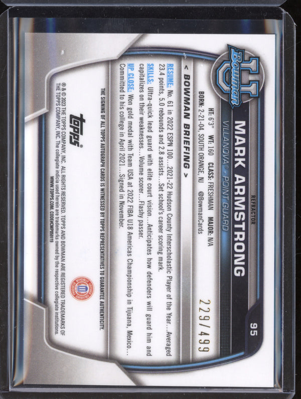 Mark Armstrong 2022-23 Bowman University Chrome 95 Refractor Auto 1st RC 229/499