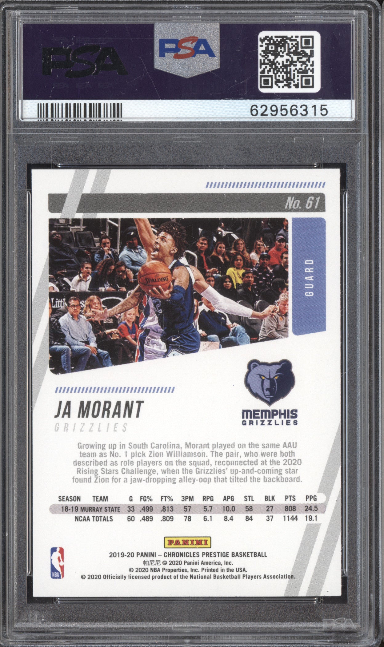 Ja Morant 2019-20 Panini Chronicles 61 Prestige Green RC PSA 10