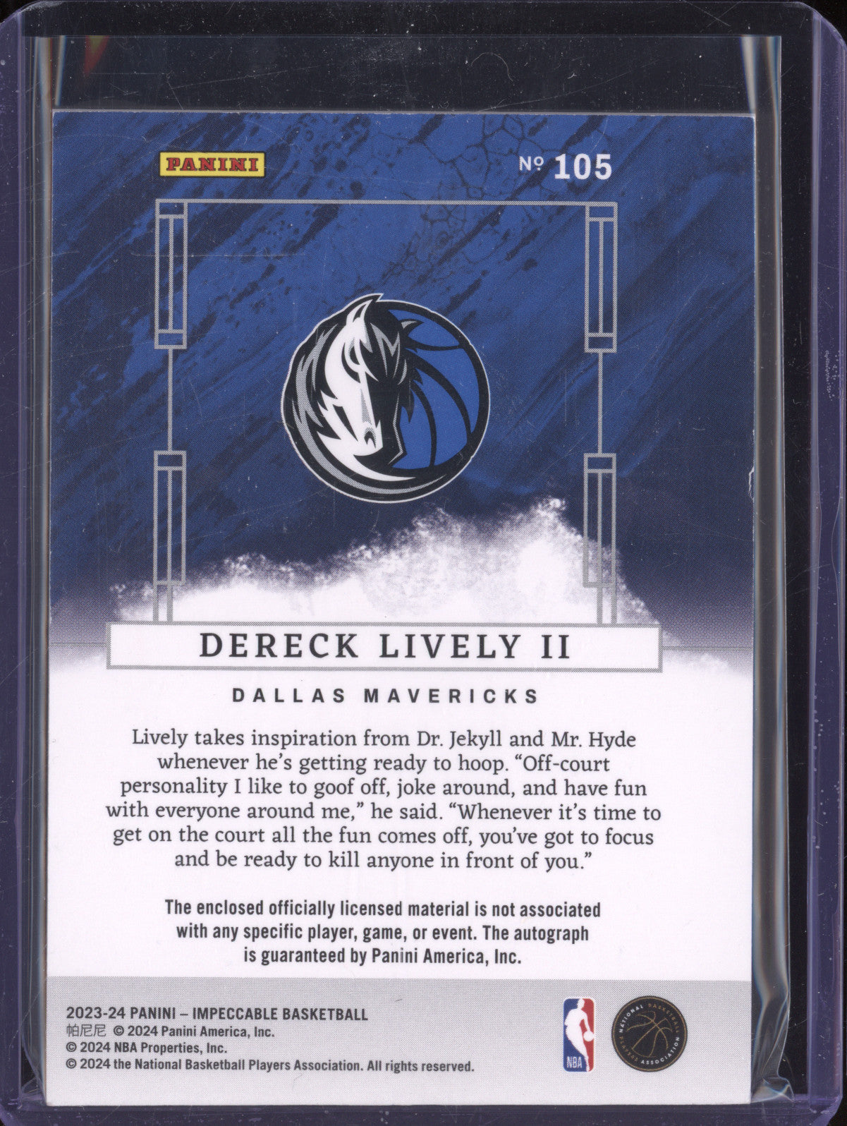 Dereck Lively II 2023-24 Panini Impeccable 105 Rookie Jersey Auto Int RC 15/88