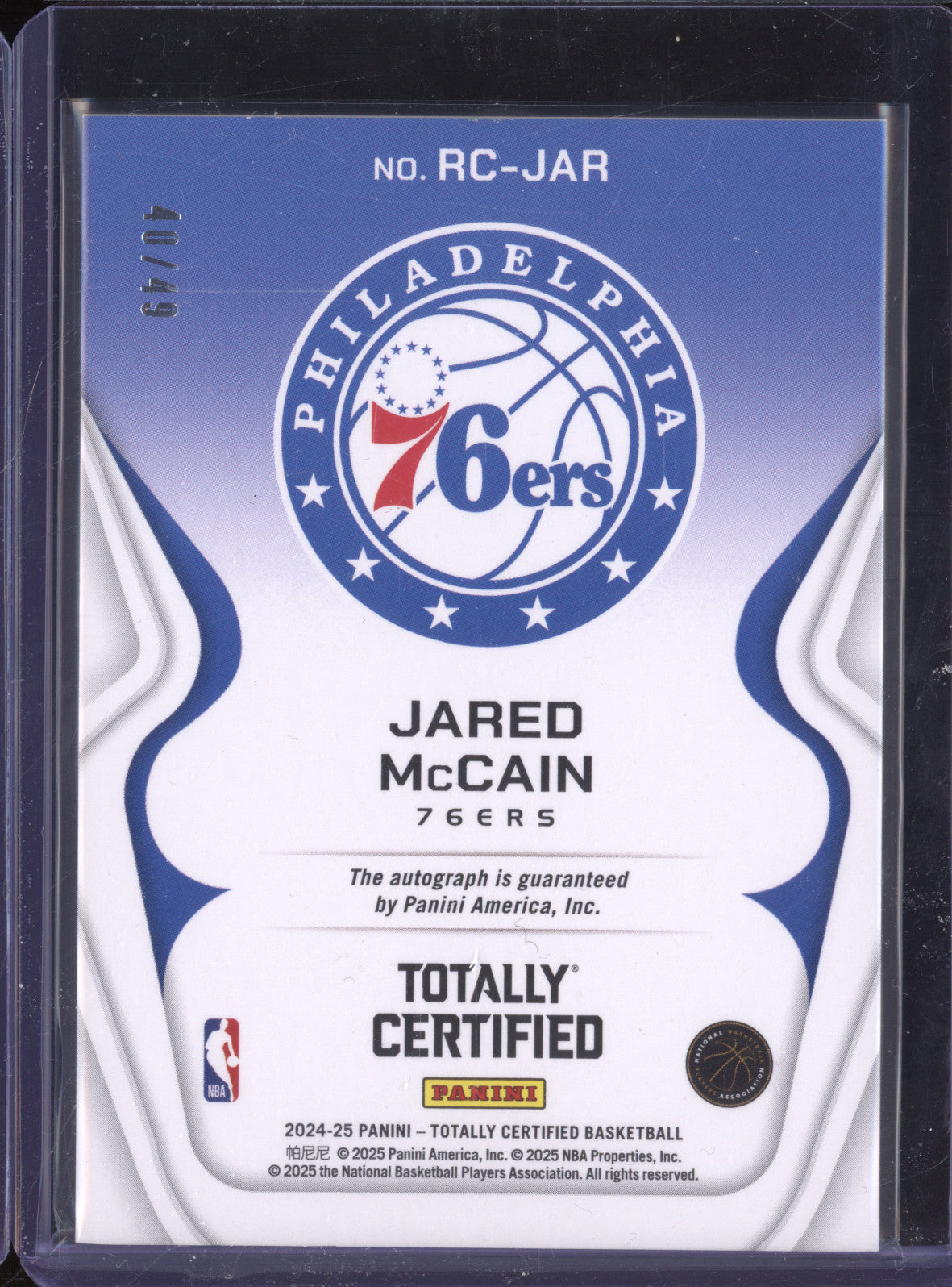 Jared McCain 2024-25  Totally Certified RC-JAR Rookie Roll Call Auto Purple /49