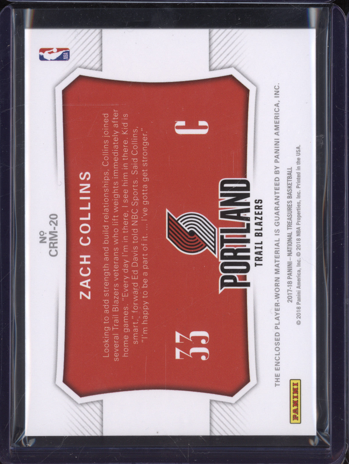 Zach Collins 2017-18 Panini National Treasures CRM-20 Colossal Rookie Materials Prime RC 22/25