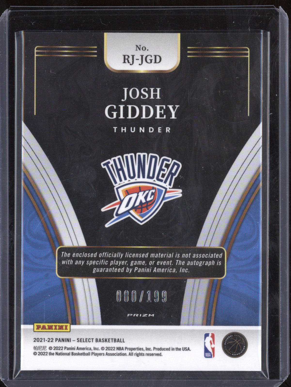 Josh Giddey 2021-22 Panini Select RJ-JGD Jersey Auto RC 80/199