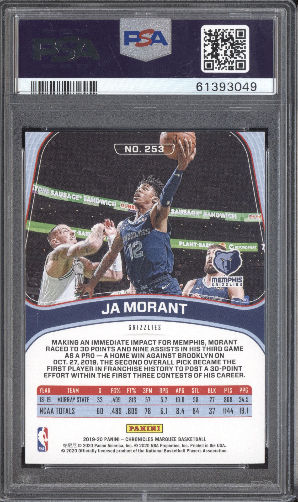 Ja Morant 2019-20 Panini Chronicles 253 Marquee RC PSA 10