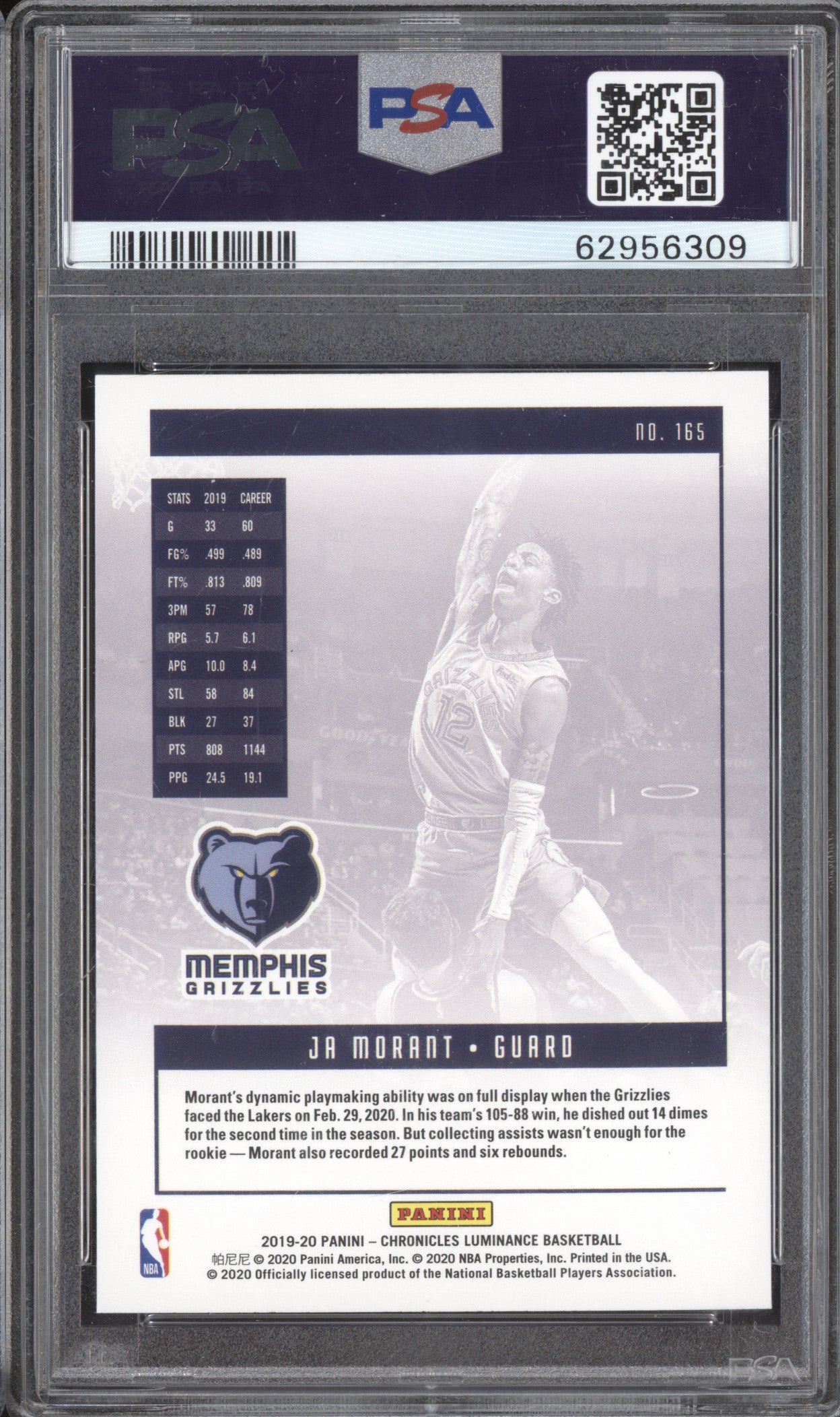 Ja Morant 2019-20 Panini Chronicles 165 Luminance RC PSA 10