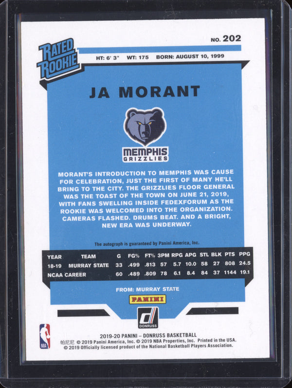 Ja Morant 2019-20 Panini Donruss 202 Rookie Auto RC