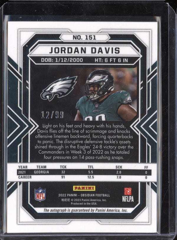 Jordan Davis 2022 Panini Obsidian 151 Rookie Auto Orange 12/99