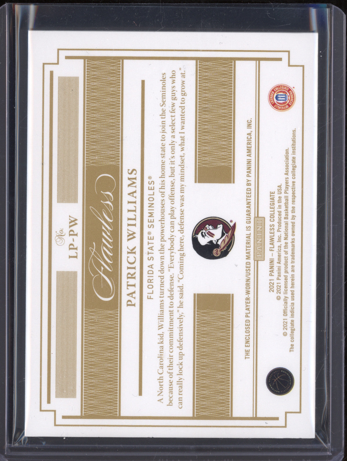 Patrick Williams 2021-22 Panini Flawless Collegiate Legacy Patches Gold RC 6/10