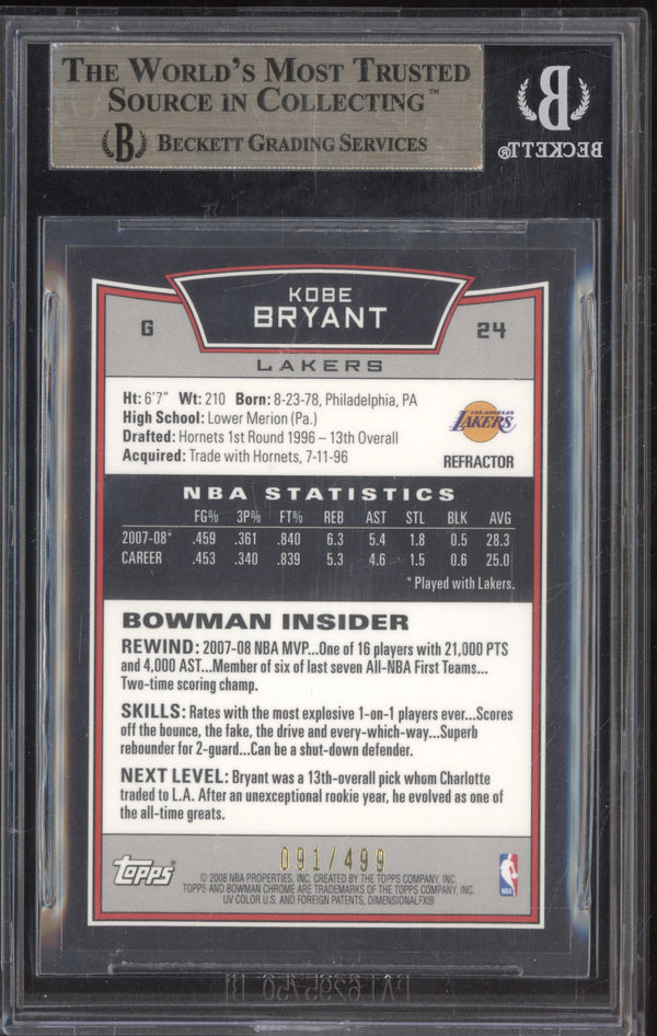 Kobe Bryant 2008-09 Bowman Chrome 24 Refractor 91/499 BGS 9.5