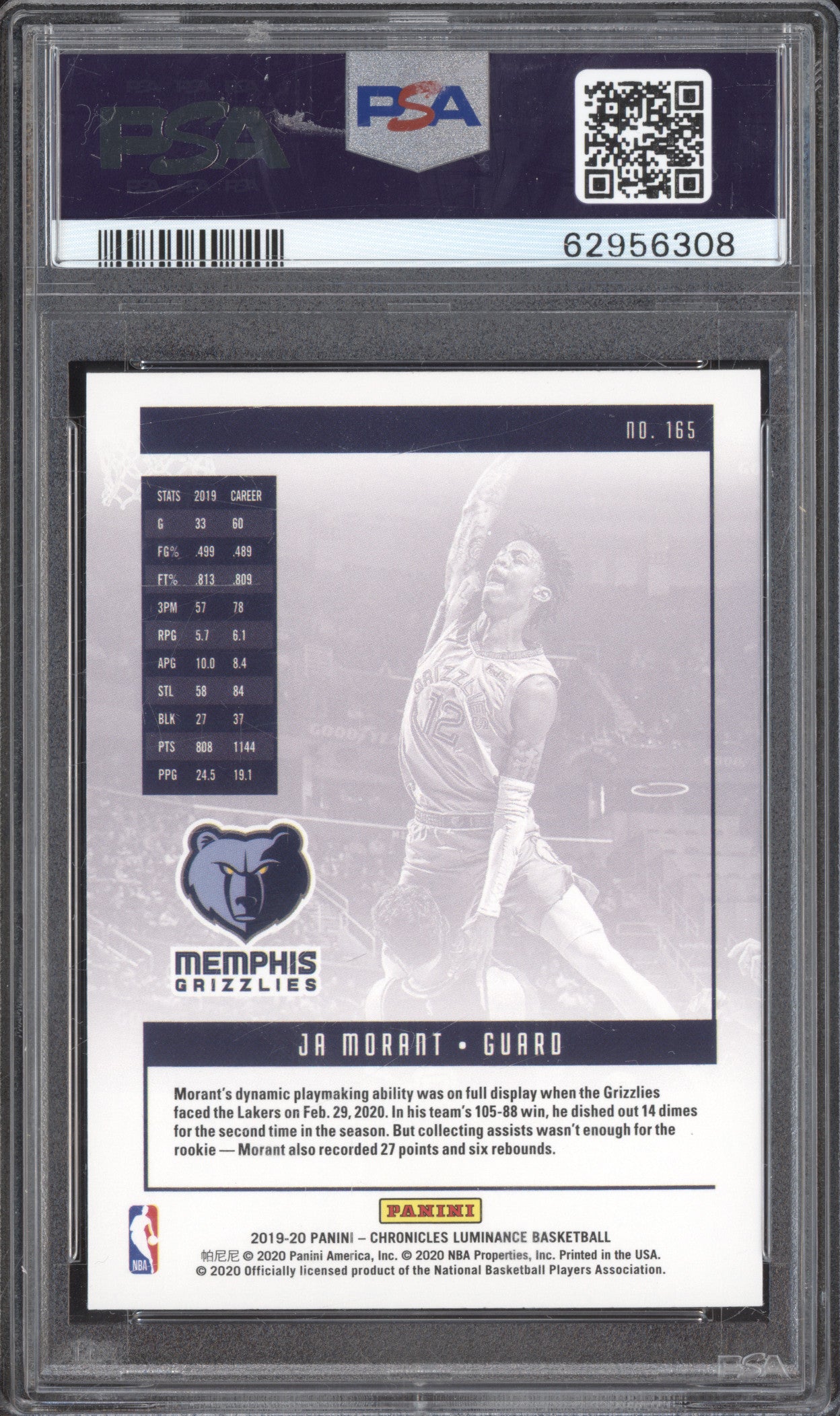 Ja Morant 2019-20 Panini Chronicles 165 Luminance RC PSA 10