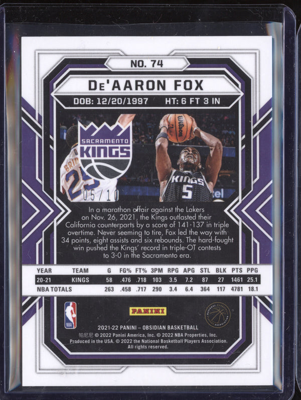 De'Aaron Fox 2021-22 Panini Obsidian 74 Yellow 5/10