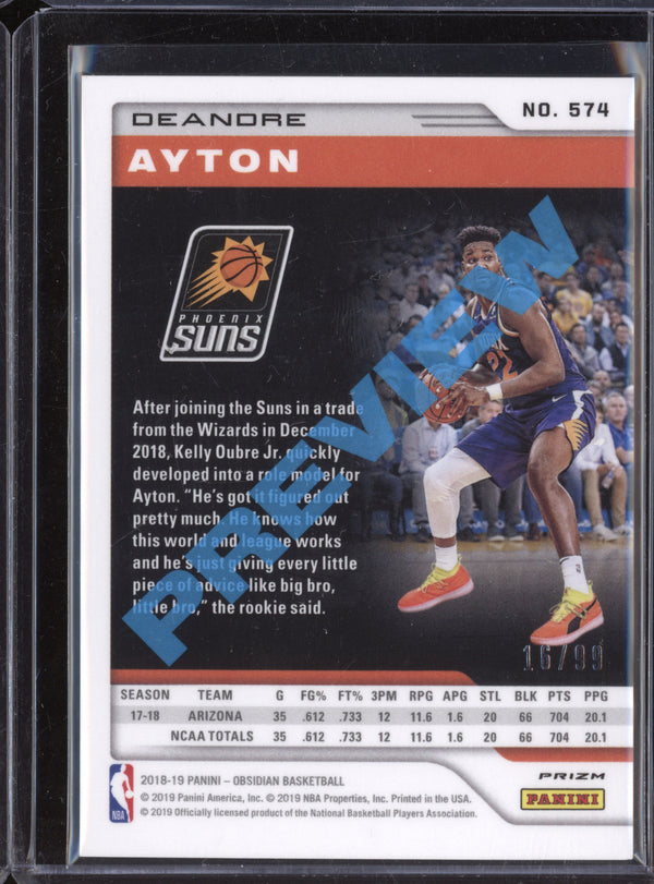 Deandre Ayton 2018-19 Panini Chronicles 574 Obsidian Electric Etch Blue RC 16/99