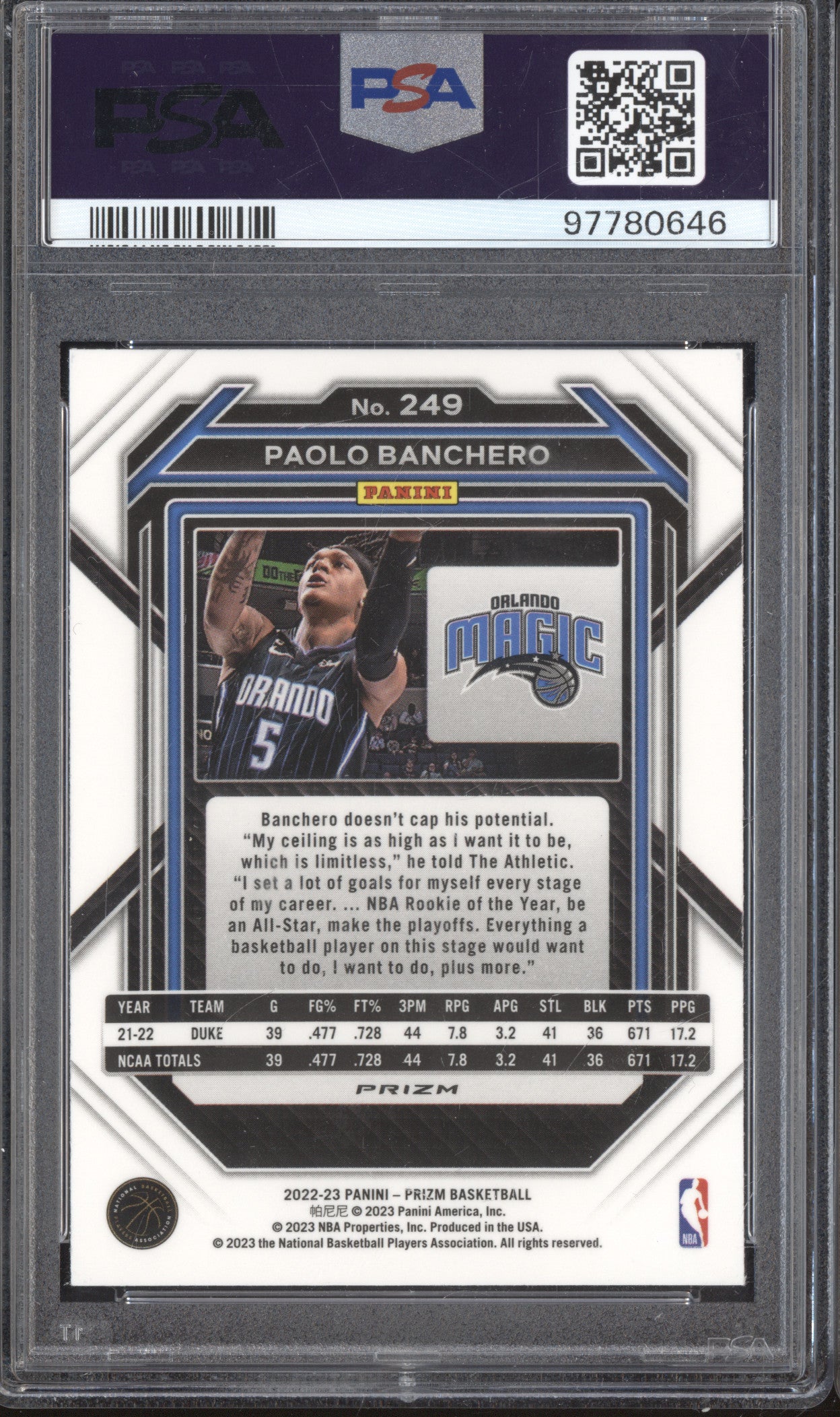 Paolo Banchero 2022-23 Panini Prizm 249 Silver RC PSA 9